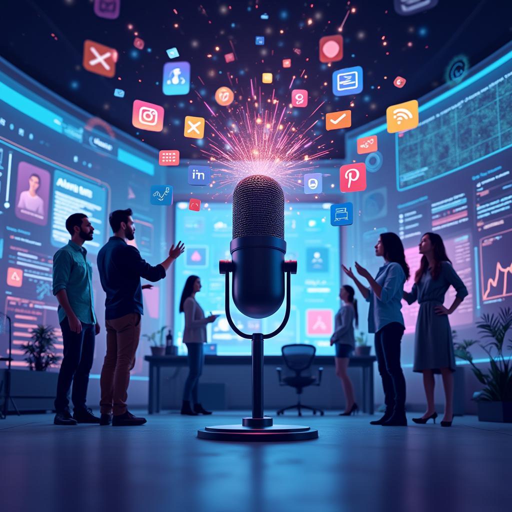 A dynamic, futuristic scene showcasing a podcast studio seamlessly integrated with AI-powered social media marketing. In the foreground, a sleek microphone emits colorful sound waves that transform into various social media icons (X logo, Instagram camera, Pinterest 'P'). These icons float towards multiple smartphone and tablet screens displaying engaging podcast-related content. In the background, holographic displays show AI algorithms at work, with flowing data streams and neural network visualizations. A diverse group of podcasters stand confidently, gesturing towards the screens, looking amazed and empowered.